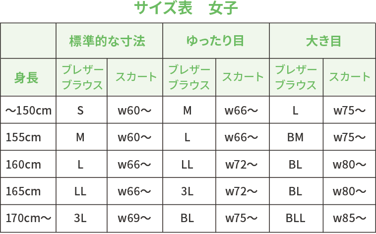 サイズ表　女子